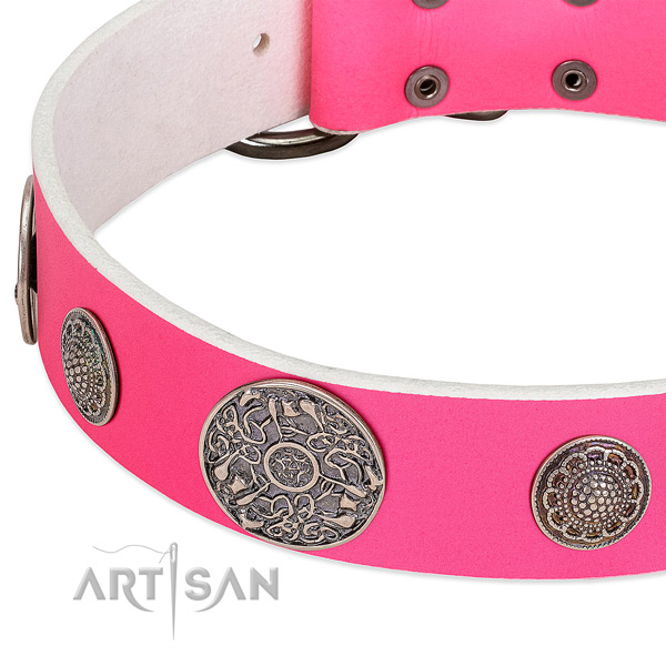 Pink leather dog collar with modern decorations