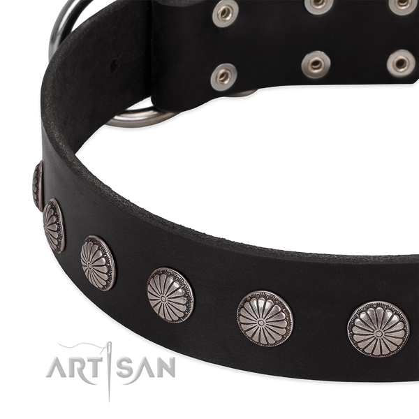 Black leather dog collar with vintage decorations