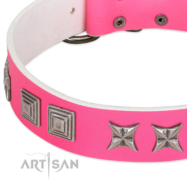 Pink leather dog collar with vintage decorations