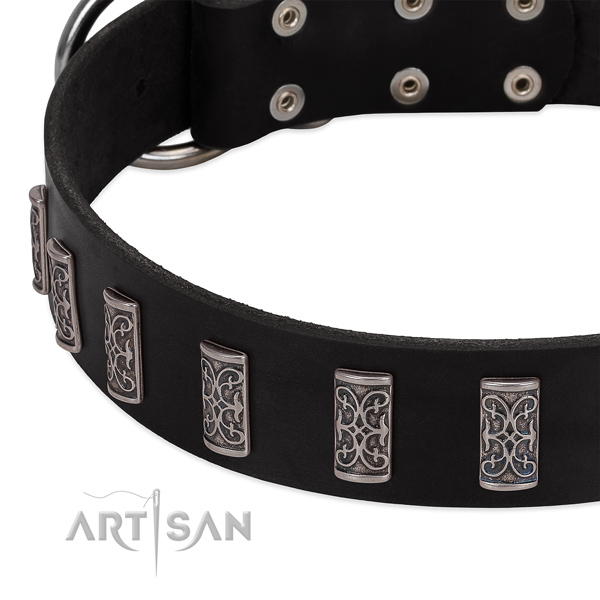 Black leather dog collar with vintage decorations