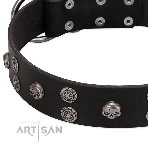 Black leather dog collar with vintage decorations