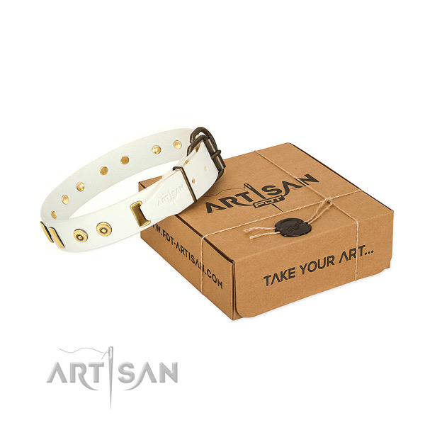 Decorated White Dog Collar Crafted of 100% Genuine Leather