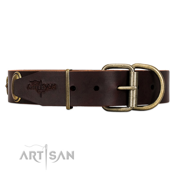 Soft leather dog collar with non-corrosive buckle and
D-ring