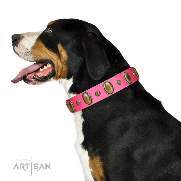 Swiss Mountain Dog Artisan pink leather collar for
elegant look