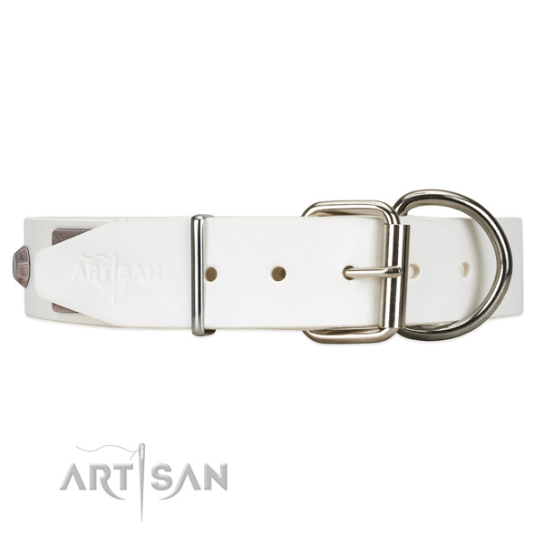 Extra Strong White Leather Dog Collar with
Riveted Buckle 