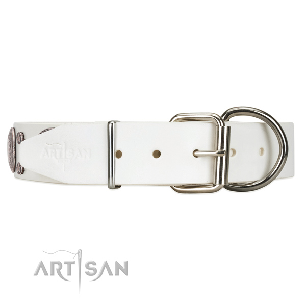 Daily walking white leather dog collar with durable
hardware