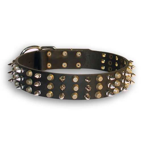 Fashion Leather Dog Collar with 3 Rows of Spikes and Pyramids