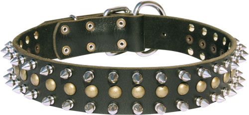 30%Discount-S60 - Leather Dog Collar with 2 Rows Spikes+1 Row Studs