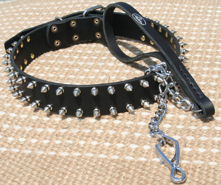 Exclusive Set of Spiked Leather Dog Collar + Exclusive HS Nickel Plated Leash - Click Image to Close