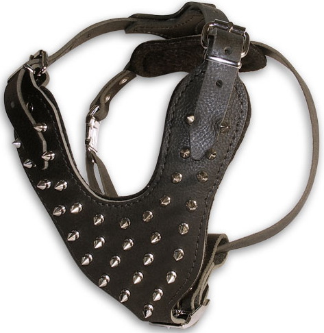 Designer Leather Dog Harness with Spiked Padded Chest Plate for Walking and Traning - Click Image to Close