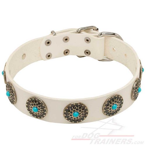 Exclusive White Leather Dog Collar with blue stones - Click Image to Close