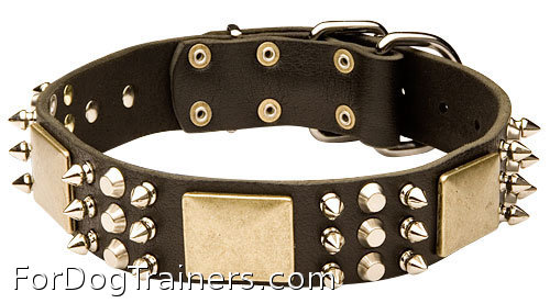 Wide Spiked Dog Leather Collar with Massive Plates and Cones