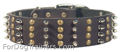 Extra Wide Leather Studded Dog Collar with 4 Columns of Spikes and Half Balls - Click Image to Close